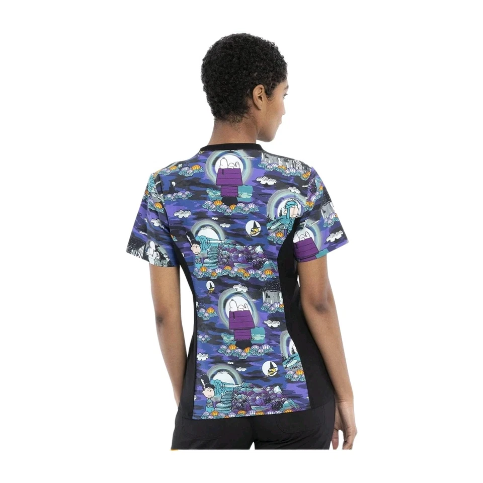 Tooniforms Women Scrubs Top V Neck Knit Panel TF636 Peanuts Midnight Pumpkin XXS - Image 2 of 4