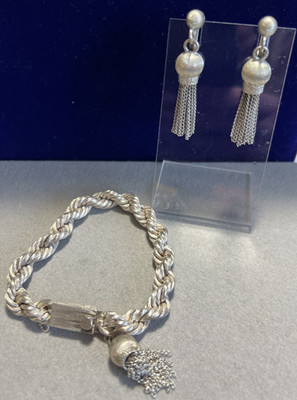 Vintage 50's Jacopo Taxco Sterling Silver   Rope Bracelet & Tassel Earring Set