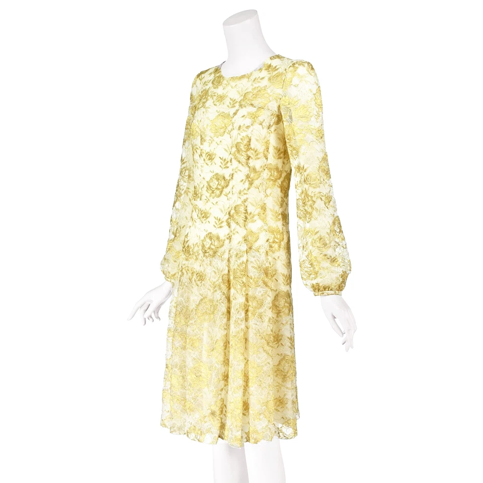 Vestido OSCAR DE LA RENTA 2016 dorado y blanco de encaje abierto ajustado y acampanado talla 6/8 M Foto 3 de 4