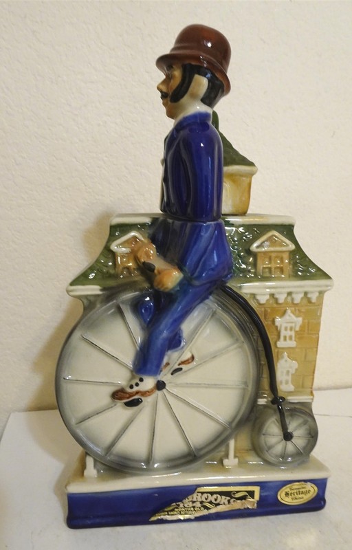 Ezra Brooks bicycle rider big wheel Decanter Heritage China Liquor bottle 1972