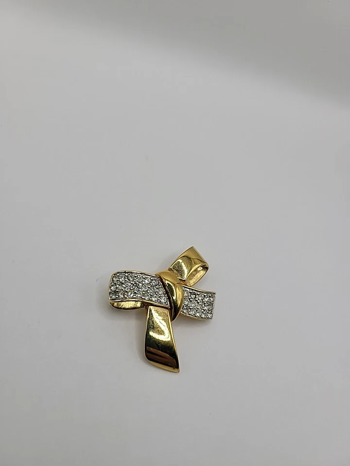 Broche Pin Vintage Monet Tono Dorado Cristales Blancos Arco Joyería Disfraz Foto 3 de 4