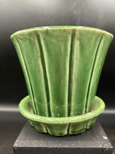 McCoy USA Pottery Green Glaze Flower Pot & Saucer Planter