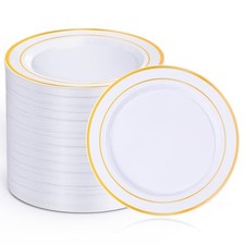 100Pcs Gold Plastic Dessert Plates, 7 Inch Plates Disposable Salad Plate with...