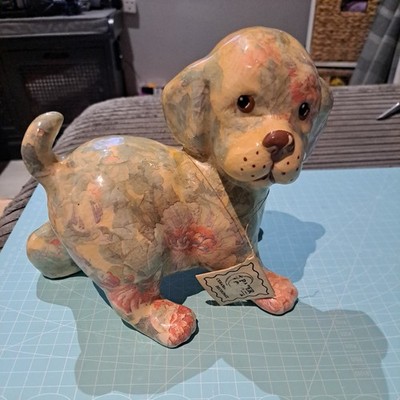 Vintage Porzellan Blumendekoration Global Studios Cornwall Decoupage 7'' stehender Hund