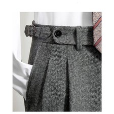 Grey Tweed Wool Blend Trousers, Men' British Double Pleated, Straight Suit Pants