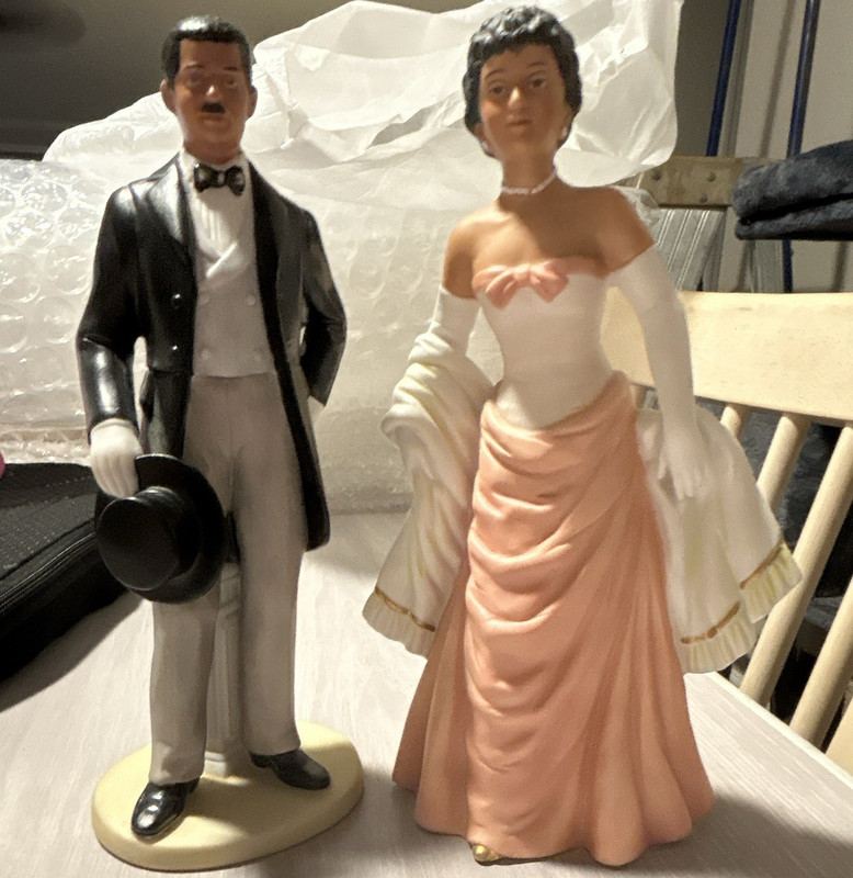Porcelain Couple Figurines Man in Tuxedo w/ Top Hat & Woman in Gown Set of 2