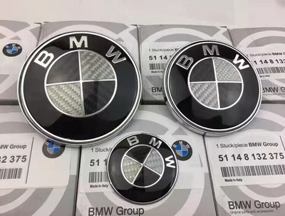 BMW Carbon Fiber Black White 82mm Front 74mm Rear Emblem Badge w/Grommets E F G - Bild 1 von 4