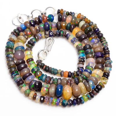 48 Ct. Natural Black Ethiopian Opal Rondelle Smooth Beads Necklace 17-18'' A-4700
