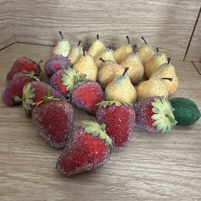 Beaded Frosted Sugared Deco Artificial Faux Fruit. 24 Pears Strawberry Lime VTG