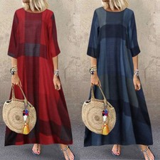 Womens Long Maxi Dress Kaftan Plus Size Summer Chec Short Sleeve Casual Loose