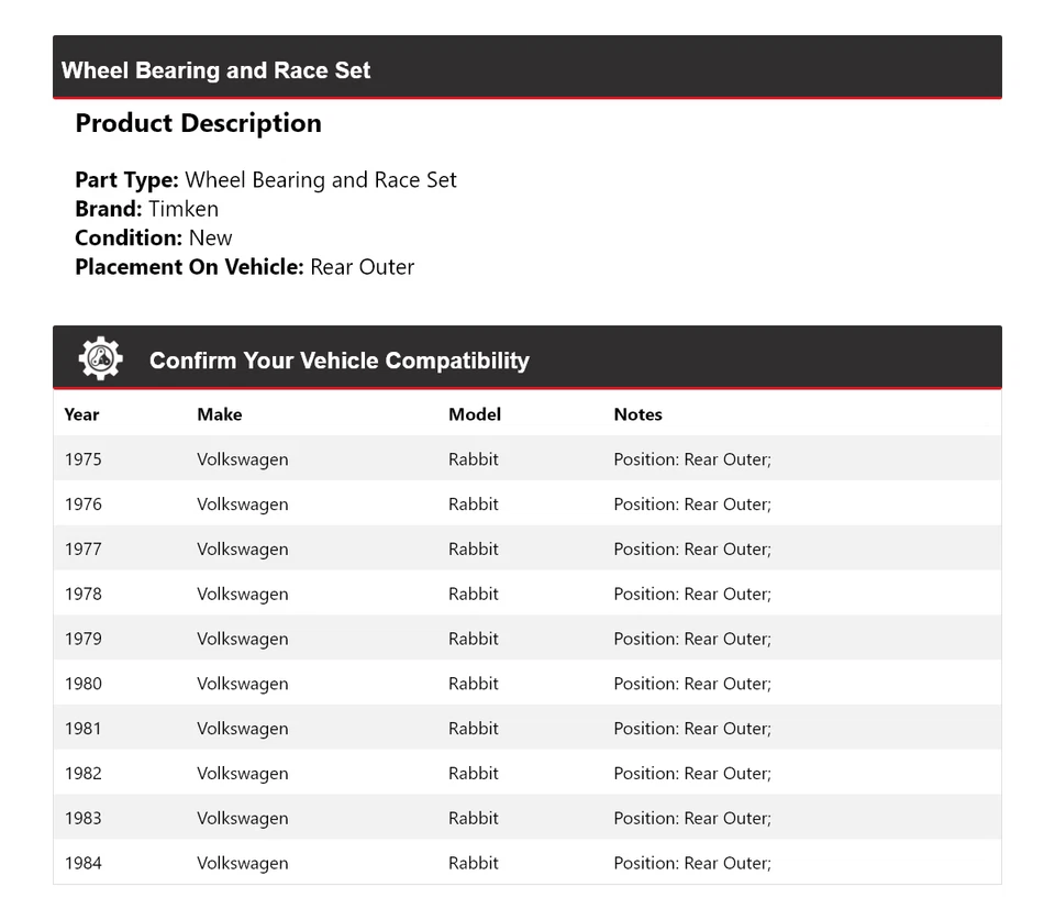 Juego de cojinetes de rueda y carreras trasero exterior Timken para Volkswagen Rabbit 1975-1984 Foto 2 de 4