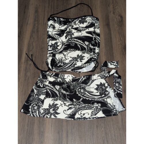 Tommy Bahama Swimsuit Tankini Skirt Set Black White Floral Paisley Large