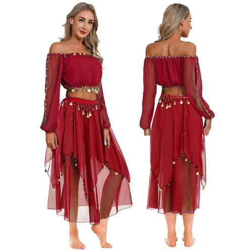 Womens Shiny Off Shoulder Tops Sequin Trims Chiffon Skirt Belly Dance Outfit - Picture 13 of 68