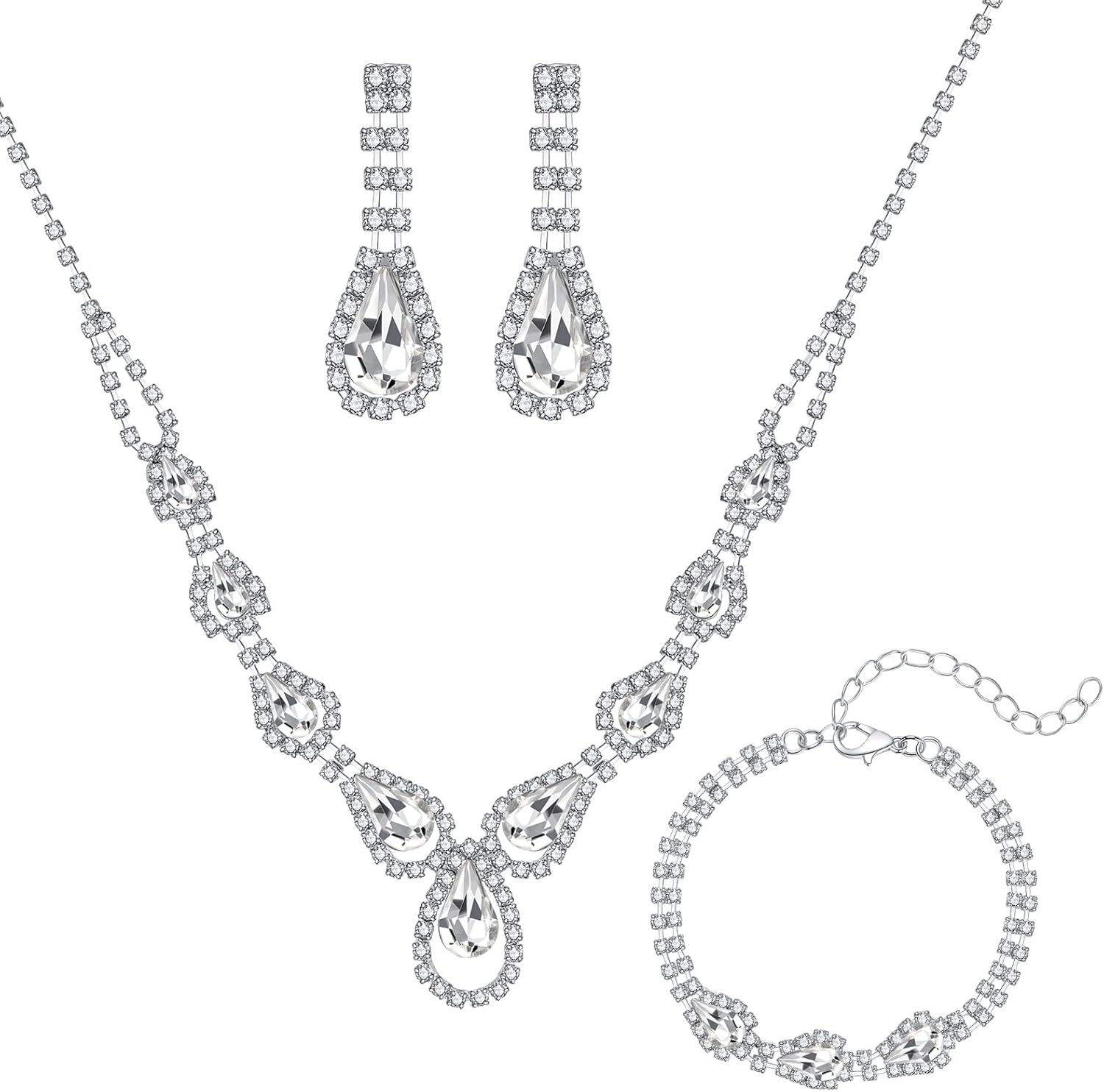 Jewelry Set for Women, Necklace Dangle Earrings Bracelet Set, White Gold Plat...