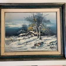 MEDINA SNOW LANDSCAPE BARN OIL ON CANVAS PAINTING SIGNED Vtg Frame 20.5"X17"