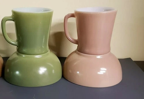 4 FIRE KING ANCHOR HOCKING D HANDLE MUGS & BOWLS GREEN & TAN