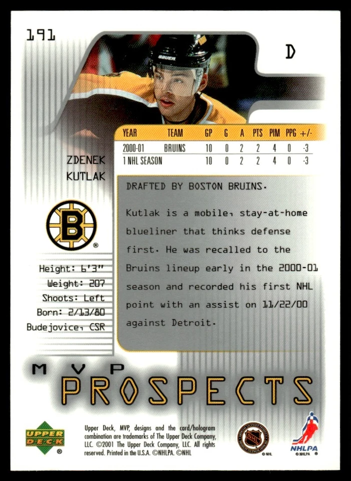 2001-02 Upper Deck MVP PROSPECTS Zdenek Kutlak Rookie Boston Bruins #191 - Image 2 of 2