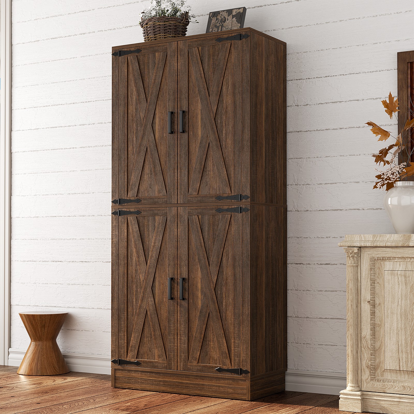 71" Tall Kitchen Pantry Storage Cabinet with 4 Barn Doors an
