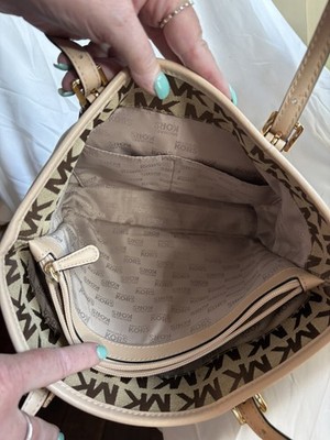 Michael Kors Jet Set Handbag Tote Signature Logo Large Brown Side Pockets