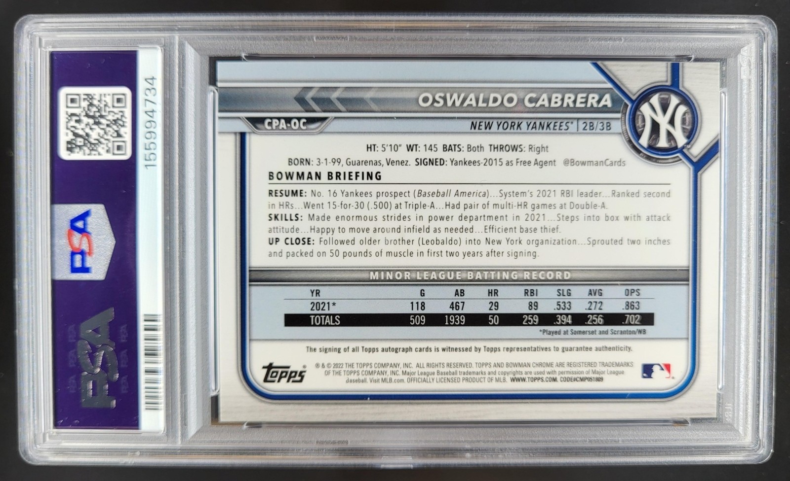 2022 Bowman Oswaldo Cabrera Chrome Auto Purple Refractor /250 PSA 9 Yankees RM5 view 2