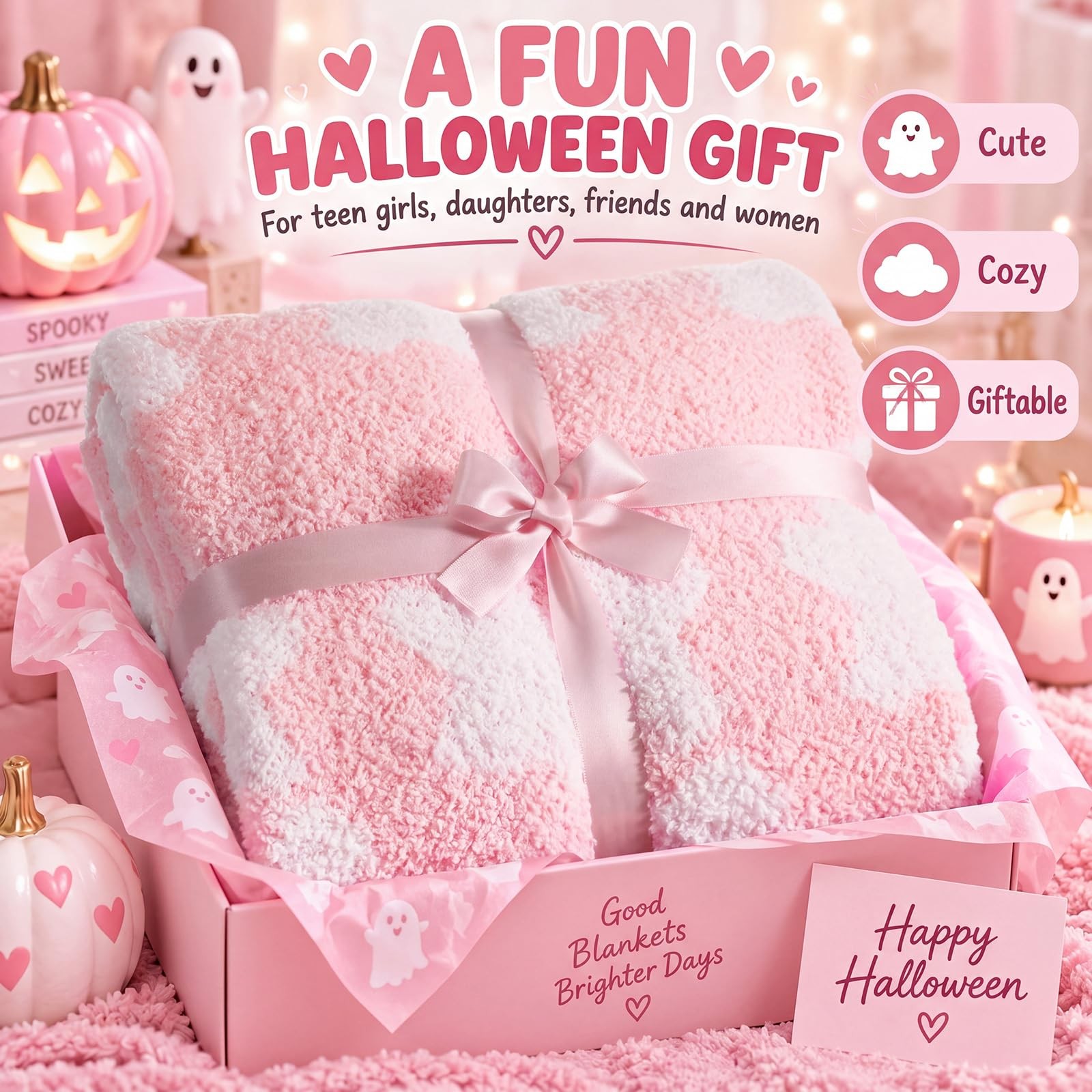 Pink Halloween Ghost Throw Blanket, 50'' x 60'' Soft Textured Plush ...
