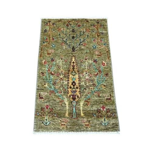 2'x3'2" Green Hand Knotted Afghan Sultani Cypress Tree Design Wool Mat Rug 21973