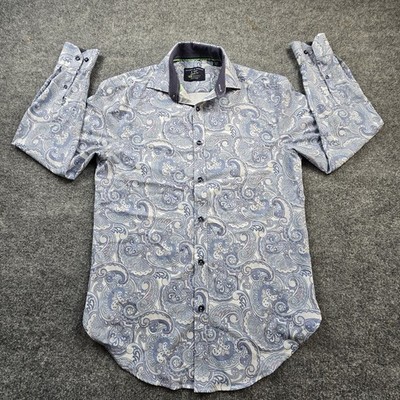 Society of Threads Mens Small Performance Dress Shirt Blue Paisley Stretch Slim