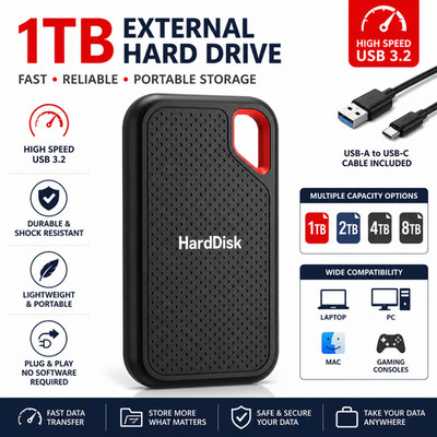 1 TB Portable External Hard Drive USB 3.2 High Speed Storage for PC Mac Laptop