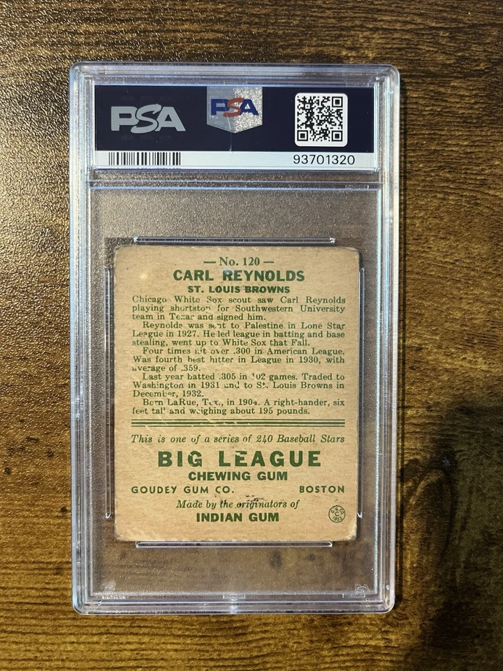 1933 Goudey Baseball Card Carl Reynolds #120 PSA 2 - Image 2 of 2