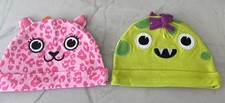 2 Cotton Hats Embroider Accents Pink Cheetah kitty Green Monster 6-12 months NEW