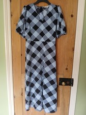M&S Blue Black Check Midi Dress Size 14 Puff Sleeves A-line Casual Party VGC 