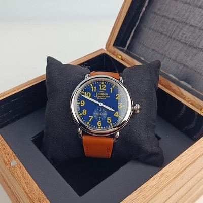 Shinola Runwell 41mm Men s Quartz Watch Blue Dial Leather Strap Stainless Steel