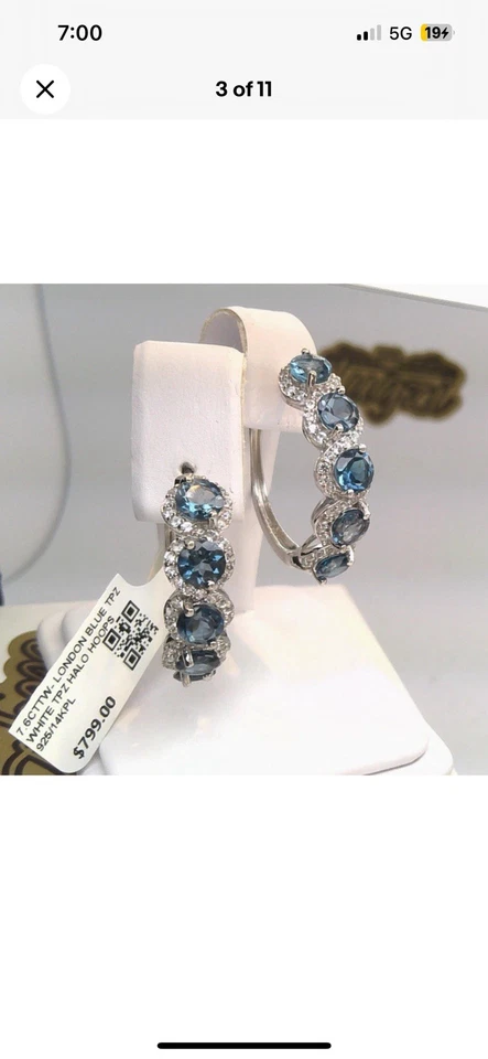 BRINCOS DE ARGOLA 25mm azul e branco solitário de topázio NATURAL LONDRES 14KPL/925 - Imagem 3 de 4