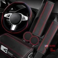 6 PCS Car Microfiber Leather Steering Steering Wheel Cover Set Black with red