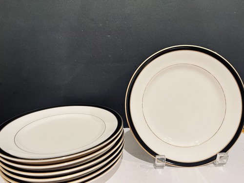 MIKASA L6206 BLACK TIE SALAD PLATES - Set of 7, 6 7/8”, White W/ Black Gold