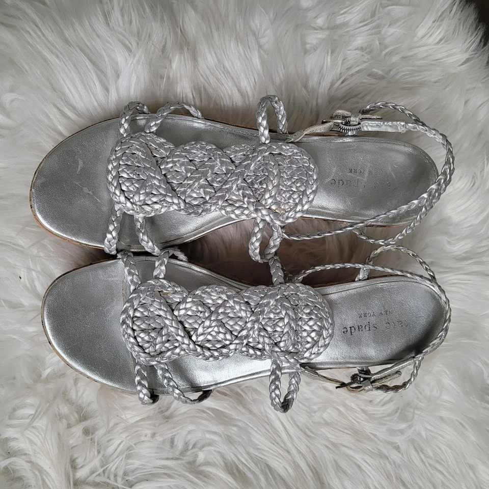 Kate Spade New York Women’s 8.5 Wedge Sandals Silver Braided Cork Heel - Image 2 of 4