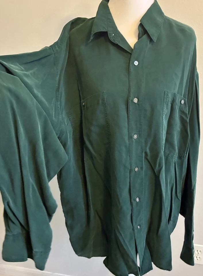 Camisa de vestir de colección años 90 para hombre 100 % seda verde bosque manga larga lujo 2 bolsillos L Foto 2 de 4