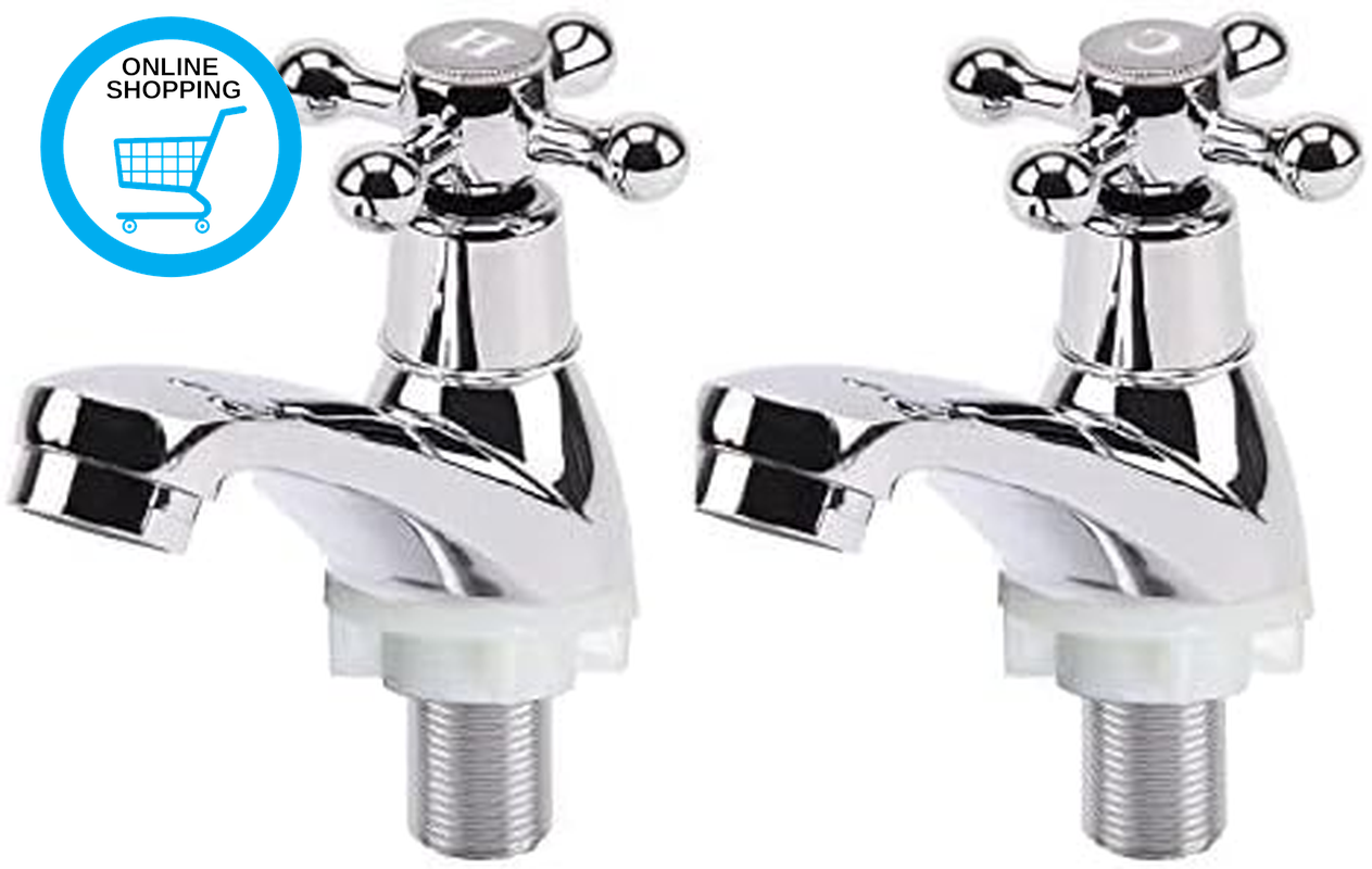 2Pcs Victorian Cross Handle Hot & Cold Basin Taps - Polished Chrome Pillar Taps