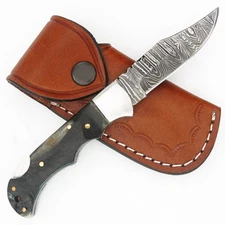 7" HANDMADE DAMASCUS POCKET RAM HORN FOLDING KNIFE WITH PREMIMUM LEATHER SHEATH