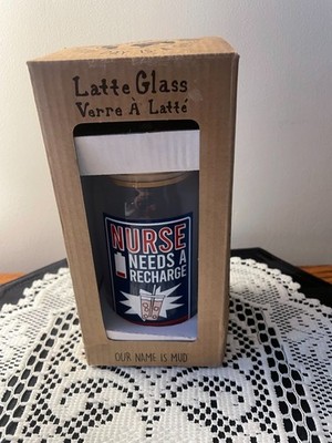 Enesco *Our Name Is Mud* Nurses Iced Latte Glass +Lid +Straw Cold Drinks New/Box