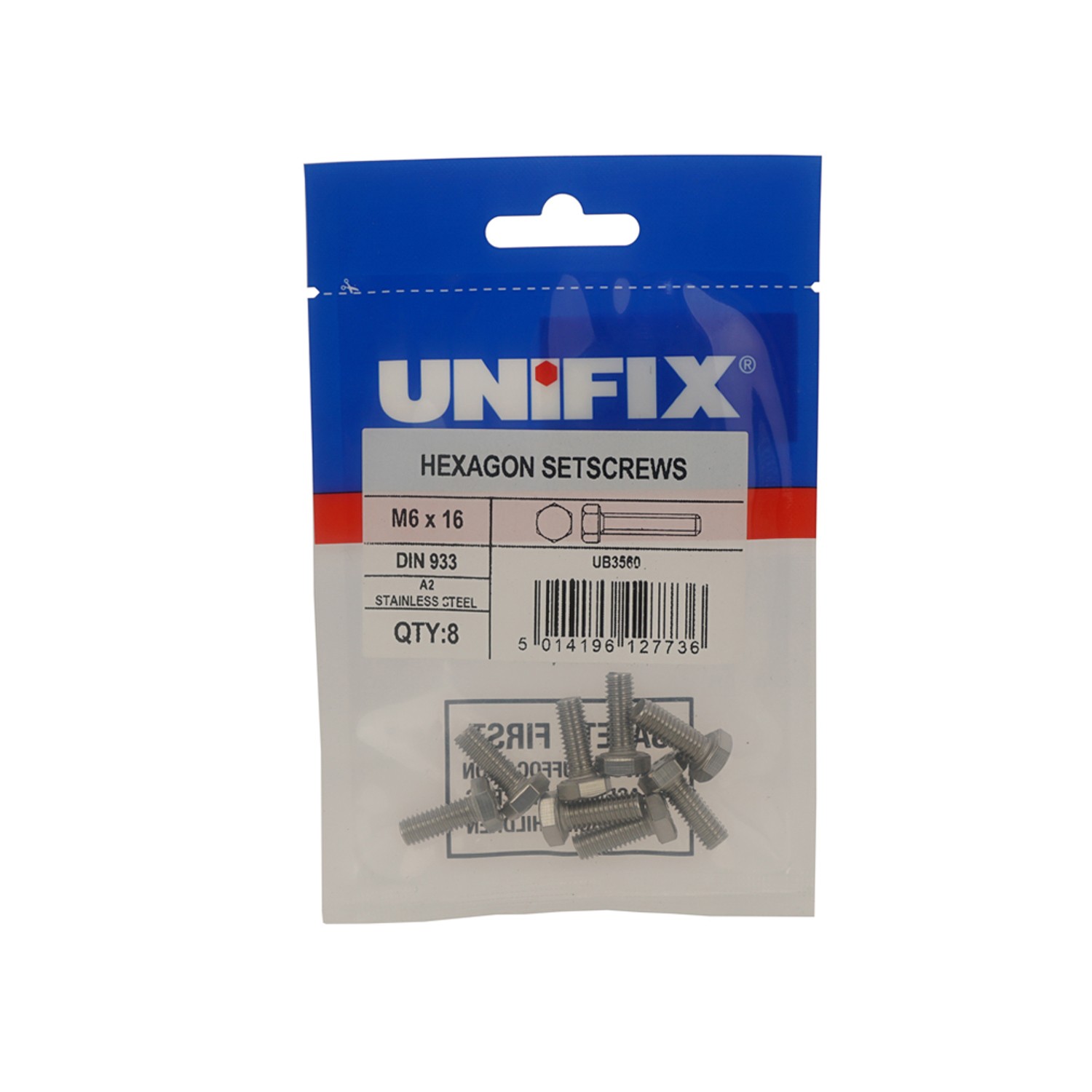 Unifix A2-304 Hexagon Setscrews M6 x 50 - Bag of 4