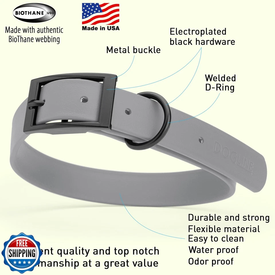 Collar de perro impermeable Dogline Biothane correa de nailon recubierta fuerte con negro Foto 3 de 4