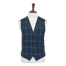 Mens Vest 44R Tartan Plaid Wool Blue Green White Lapel Waistcoat Formal Wedding