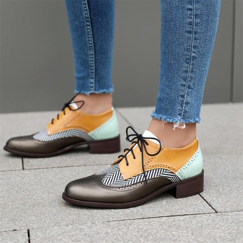 Retro Womens Lace UP Pointed Toe Carved Mid Heels Oxfords Brogues Shoes Fashion - Picture 26 of 27