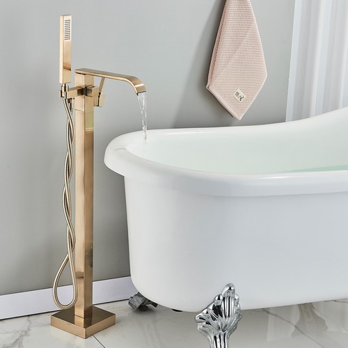 Brushed Gold Freestanding Bath Tub Mixer Tap Shower Taps with Handheld Shower - Picture 4 of 10