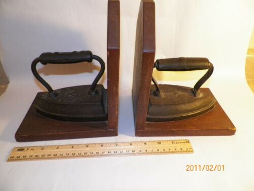  VINTAGE CAST IRON SAD IRONS  BOOKENDS DOOR STOPS on Wood  - Picture 1 of 7