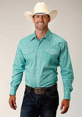 New! Men's Roper Turquoise & white LATTICE MEDALLION WESTERN SHIRT in 4 SIZES!