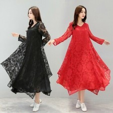 Women Ladies Floral Lace Asymmetric Dress Qipao Loose Long Sleeve Vintage White