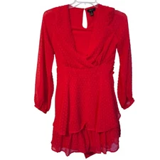 Red Long-Sleeve V-Neck Tiered Chiffon Dress By Japna Size M Dress