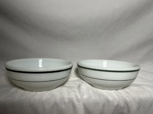 2- VTG 5 3/4" PYREX Double Tough Cereal/Chili Bowl White w 2 Dk Green Bands